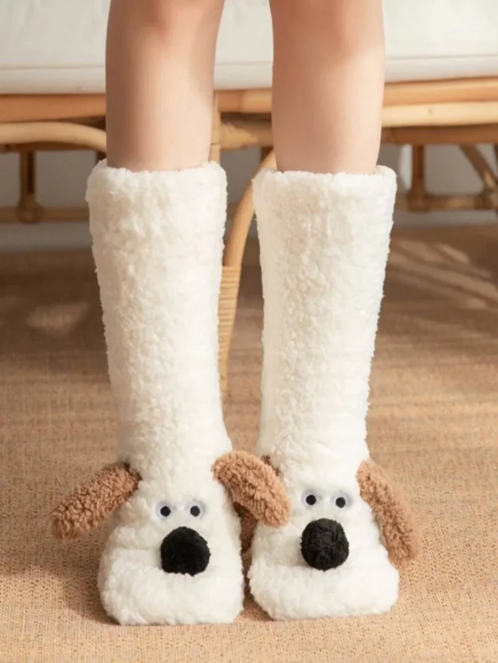 Sherpa Friends Cozy Socks Dogs Cream White Brown Ears Grippy Bottom Fuzzy NEW